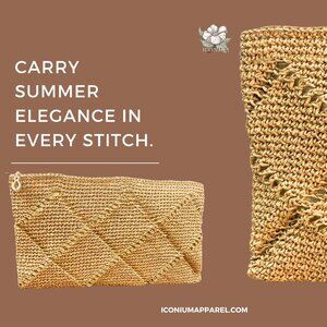 ICONIUM Handwoven Straw Clutch, Crochet Raffia Bag, Summer Beach Purse